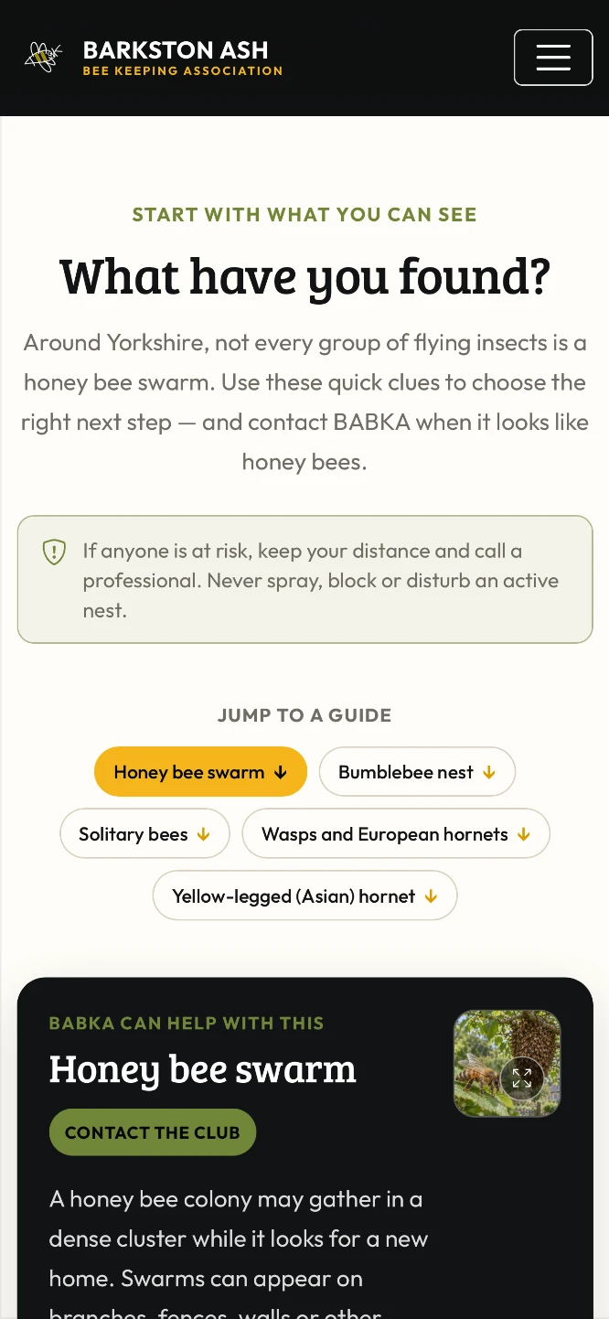 Barkston Ash Beekeeping Association website on mobile