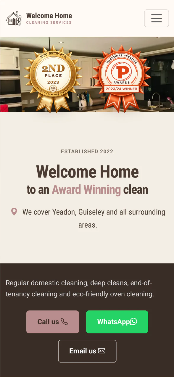 Welcome Home Cleaning website on mobile