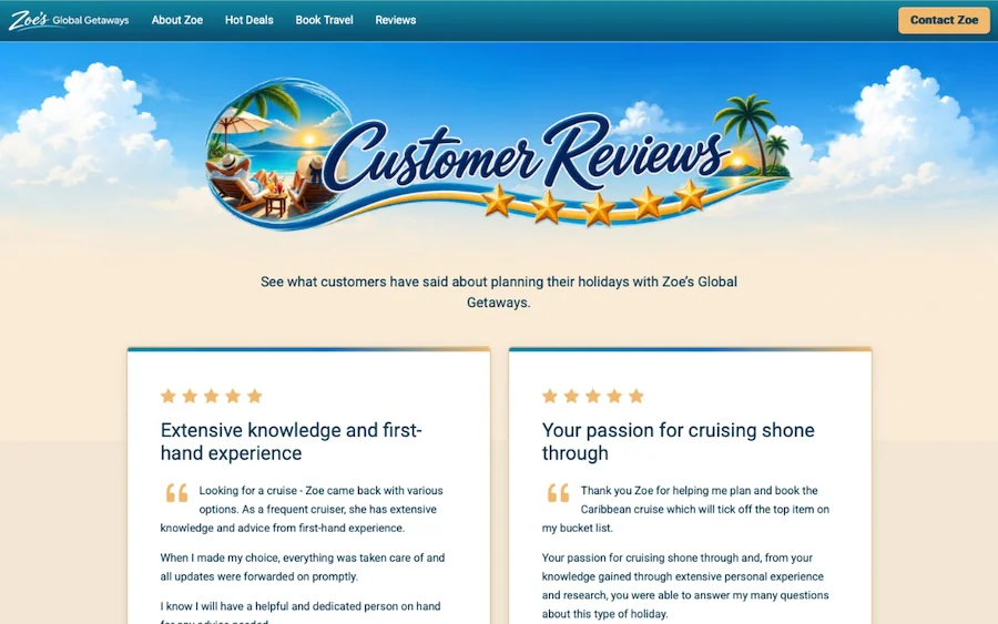 Zoe's Global Getaways website