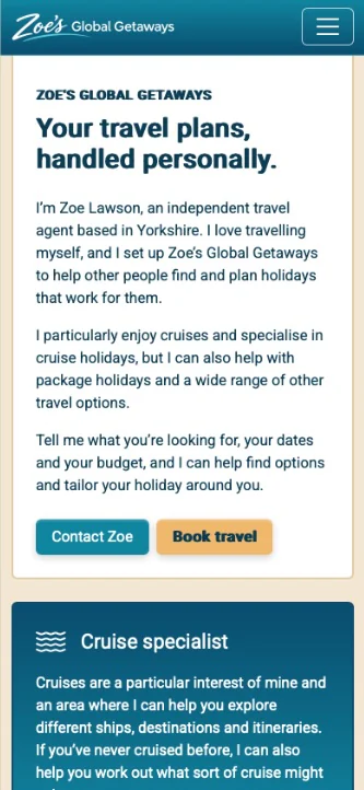 Zoe's Global Getaways website on mobile